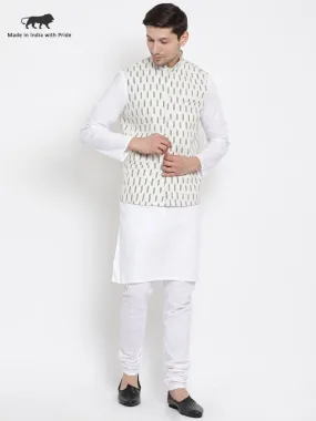 VASTRAMAY Men's White Cotton Kurta, Ethnic Jacket and Pyjama Set