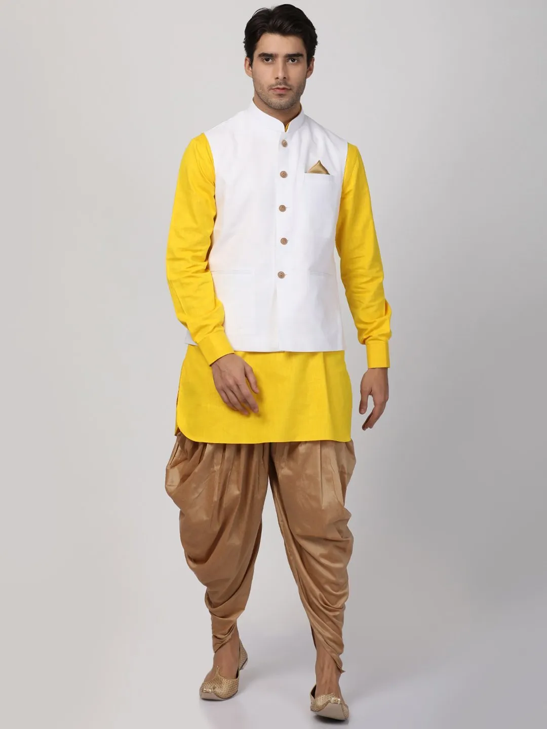 VASTRAMAY Men's Yellow Cotton Blend Ethnic Jacket, Kurta and Dhoti Pant Set