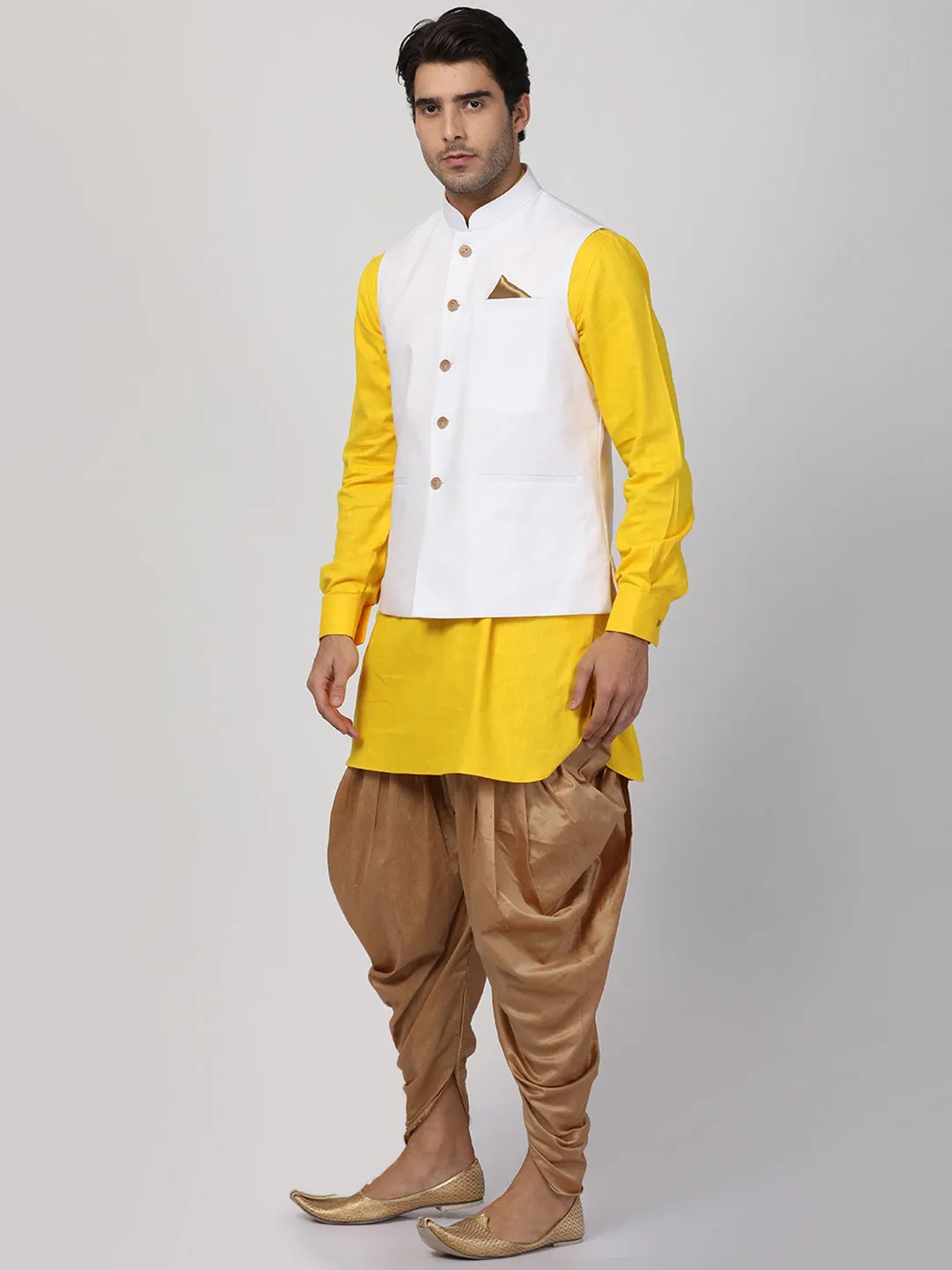 VASTRAMAY Men's Yellow Cotton Blend Ethnic Jacket, Kurta and Dhoti Pant Set