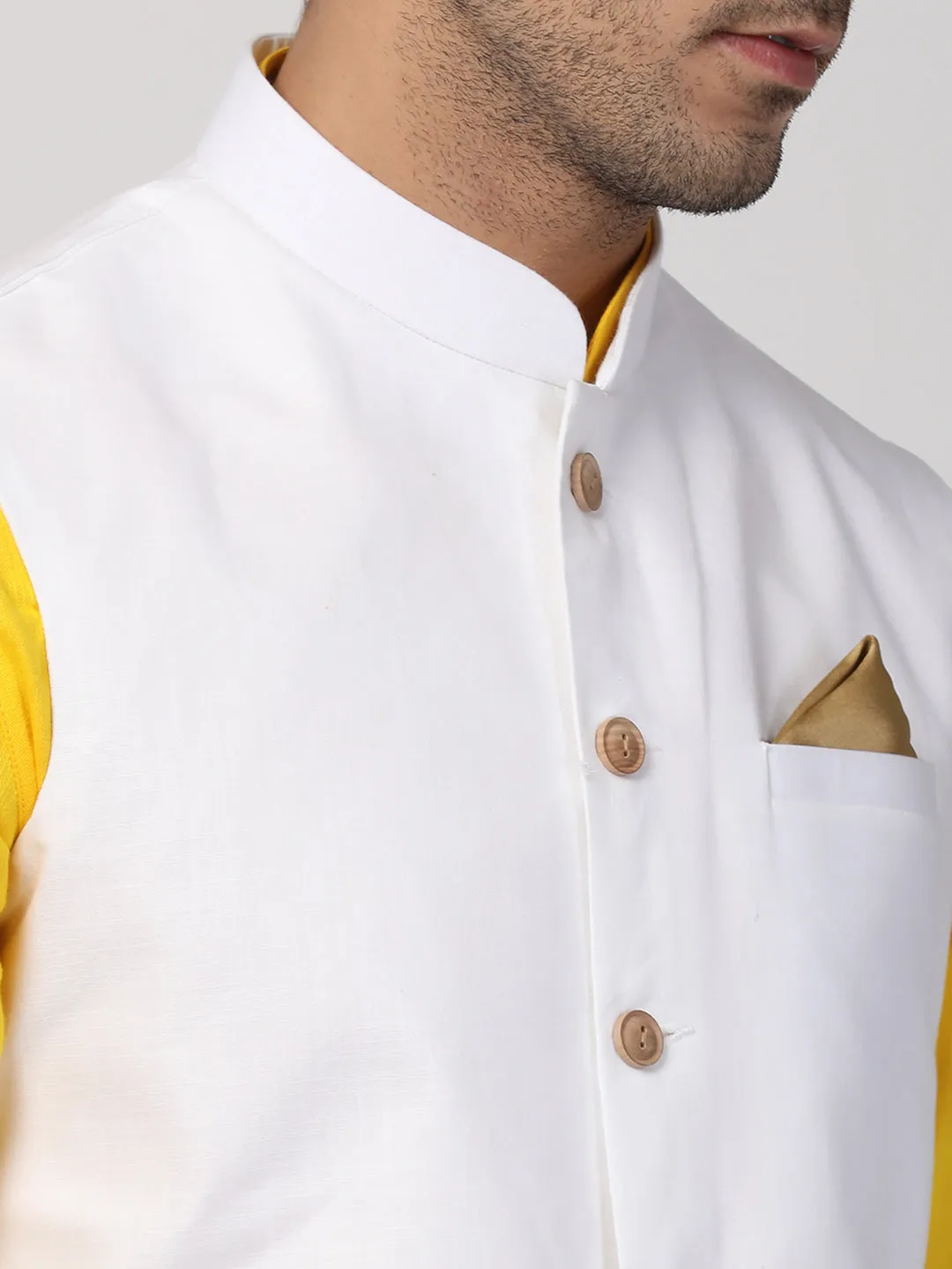 VASTRAMAY Men's Yellow Cotton Blend Ethnic Jacket, Kurta and Dhoti Pant Set