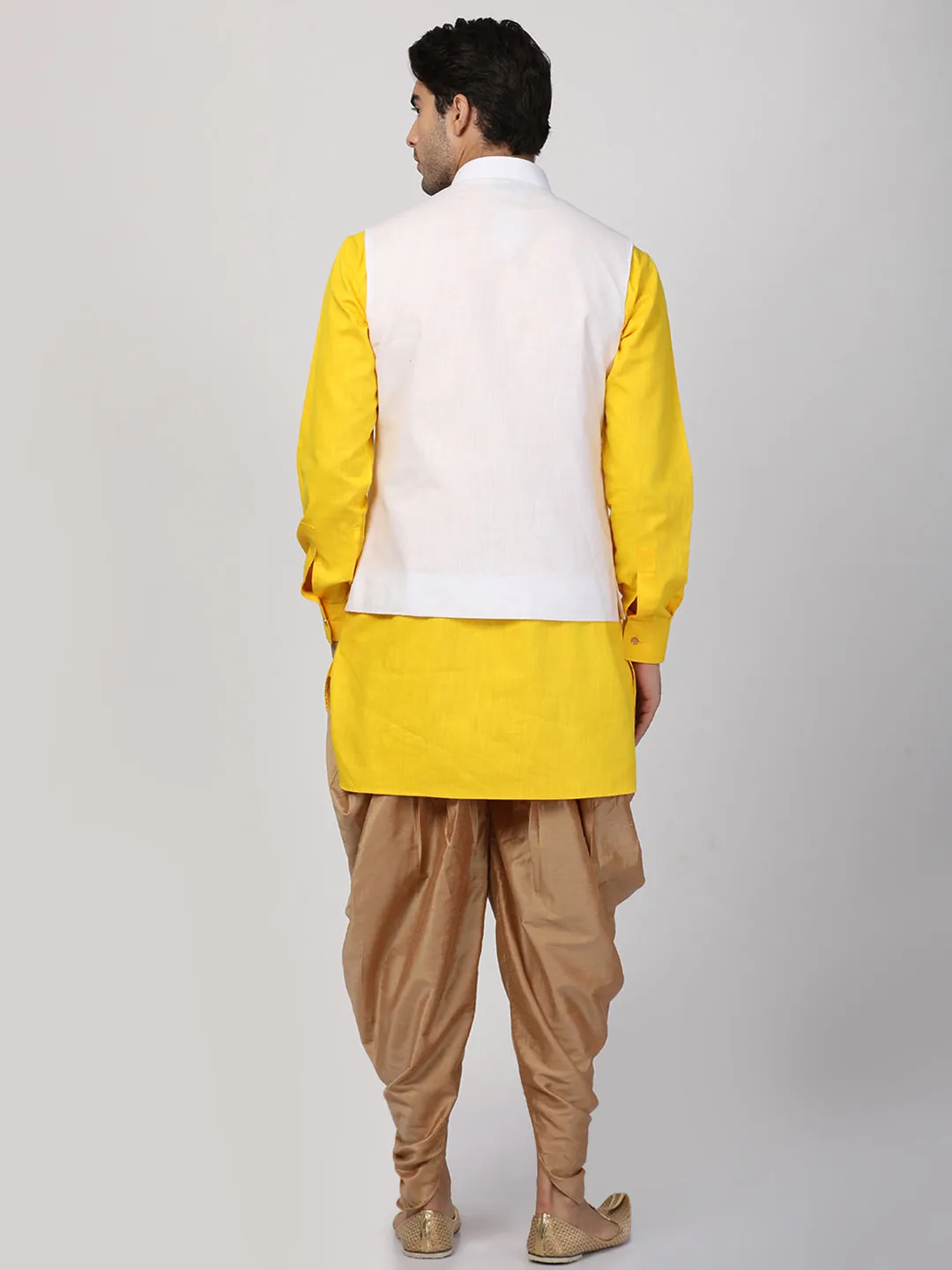 VASTRAMAY Men's Yellow Cotton Blend Ethnic Jacket, Kurta and Dhoti Pant Set