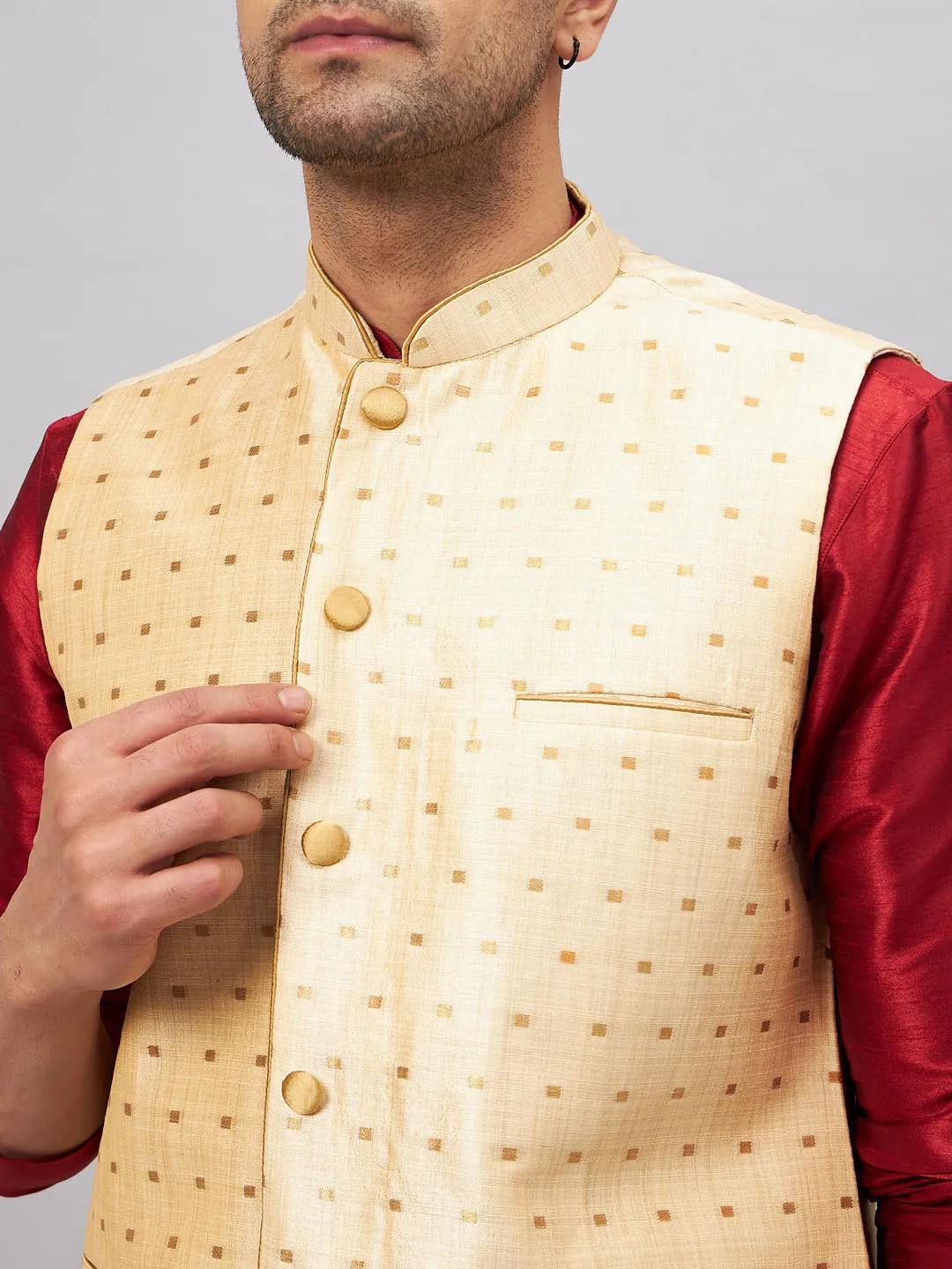 VM By VASTRAMAY Men's Gold Zari Weaved Jacket With Kurta Pyjama Set