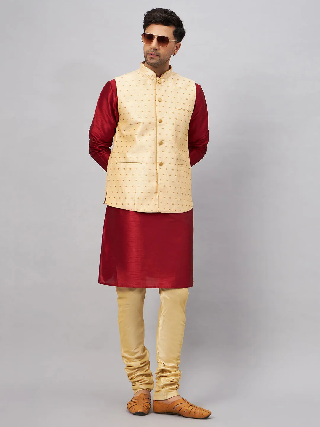 VM By VASTRAMAY Men's Gold Zari Weaved Jacket With Kurta Pyjama Set