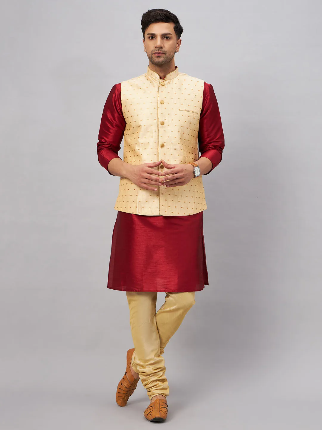 VM By VASTRAMAY Men's Gold Zari Weaved Jacket With Kurta Pyjama Set