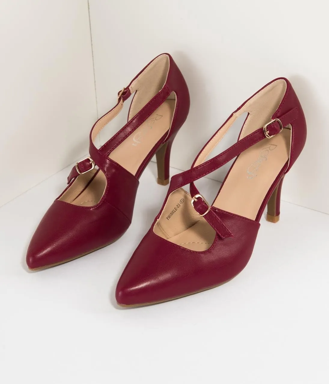 Wine Red Leatherette Cross Strap Pointed Toe Pumps