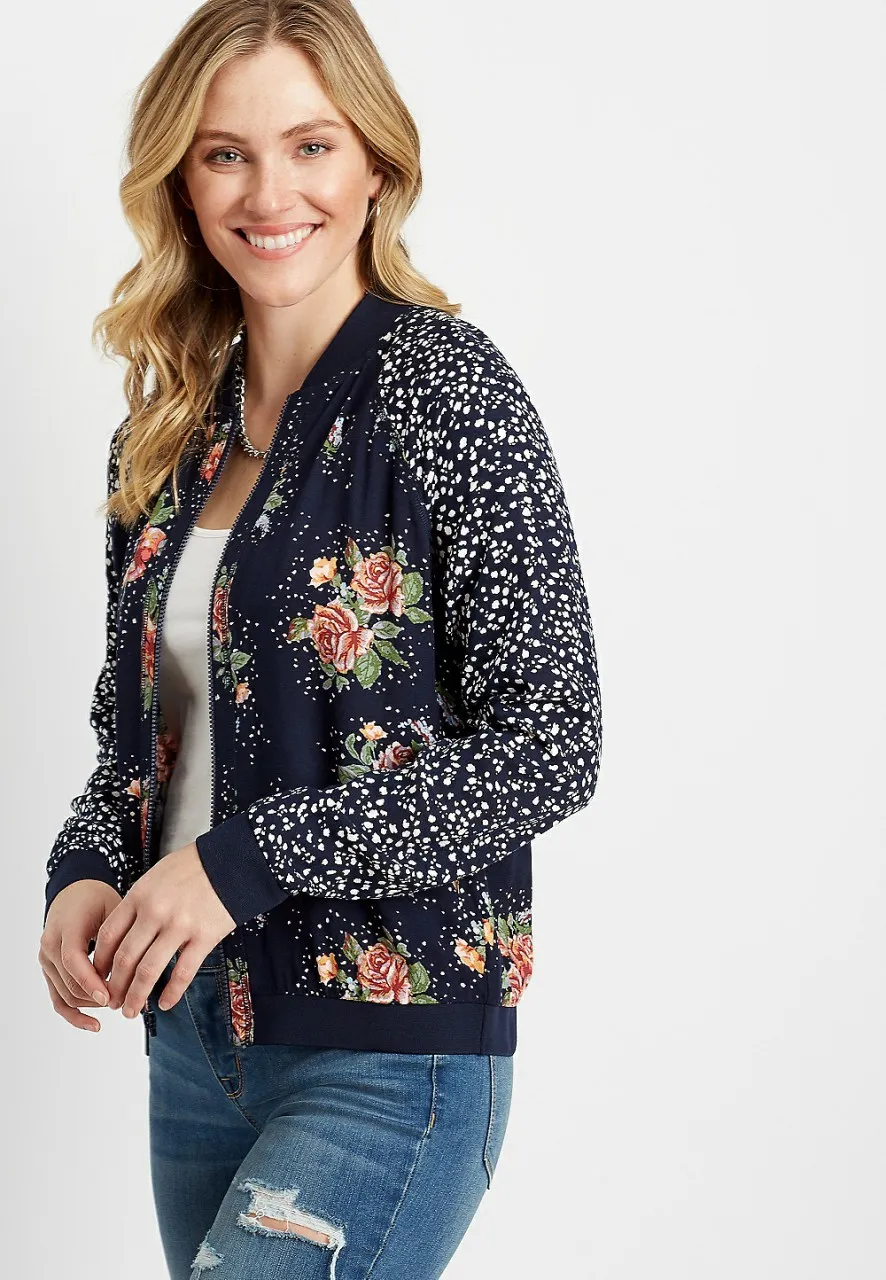 Women Maurices Tops | Blue Floral Polka Dot Bomber Jacket