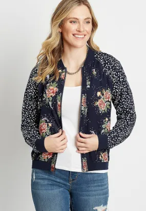 Women Maurices Tops | Blue Floral Polka Dot Bomber Jacket