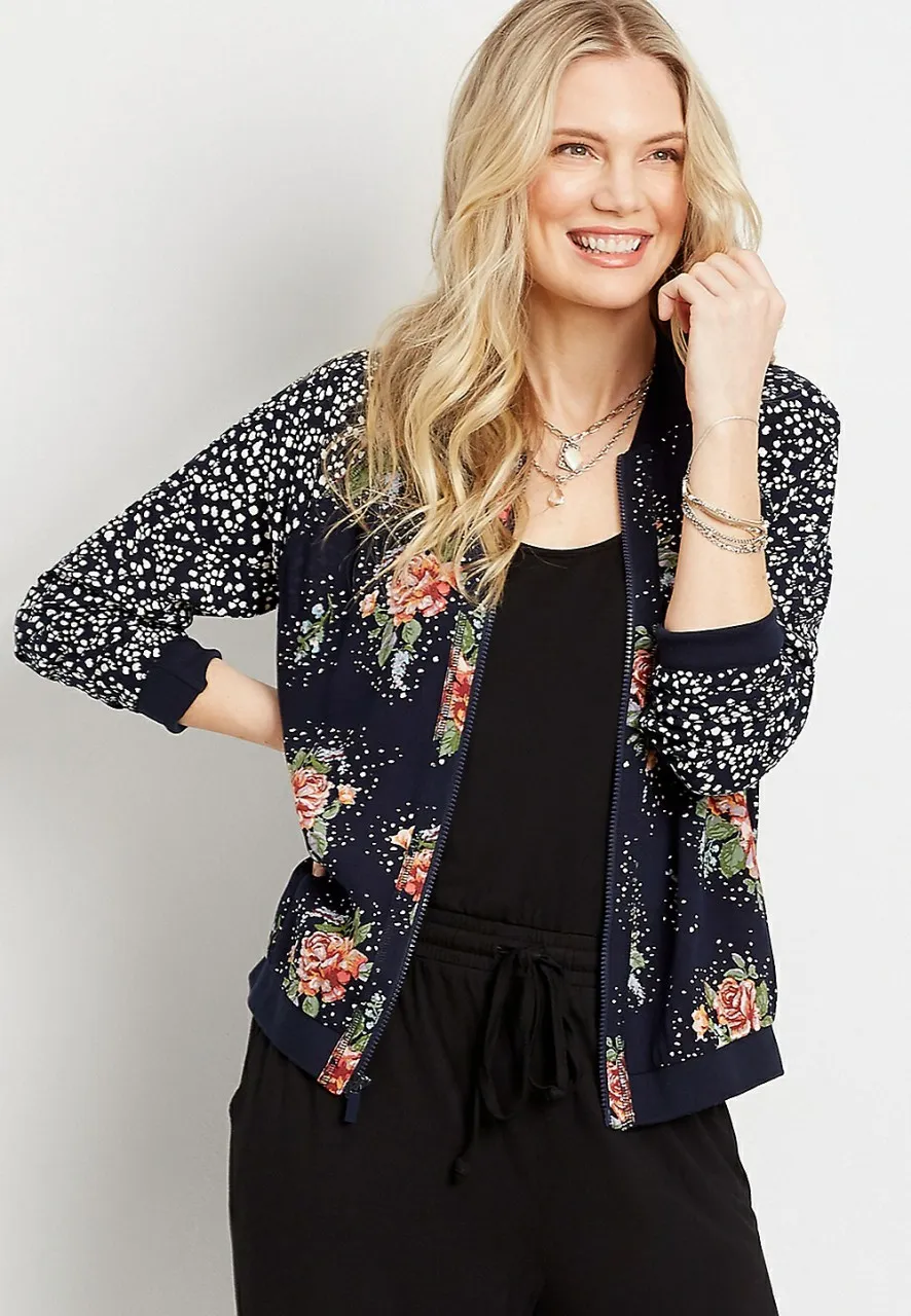 Women Maurices Tops | Blue Floral Polka Dot Bomber Jacket