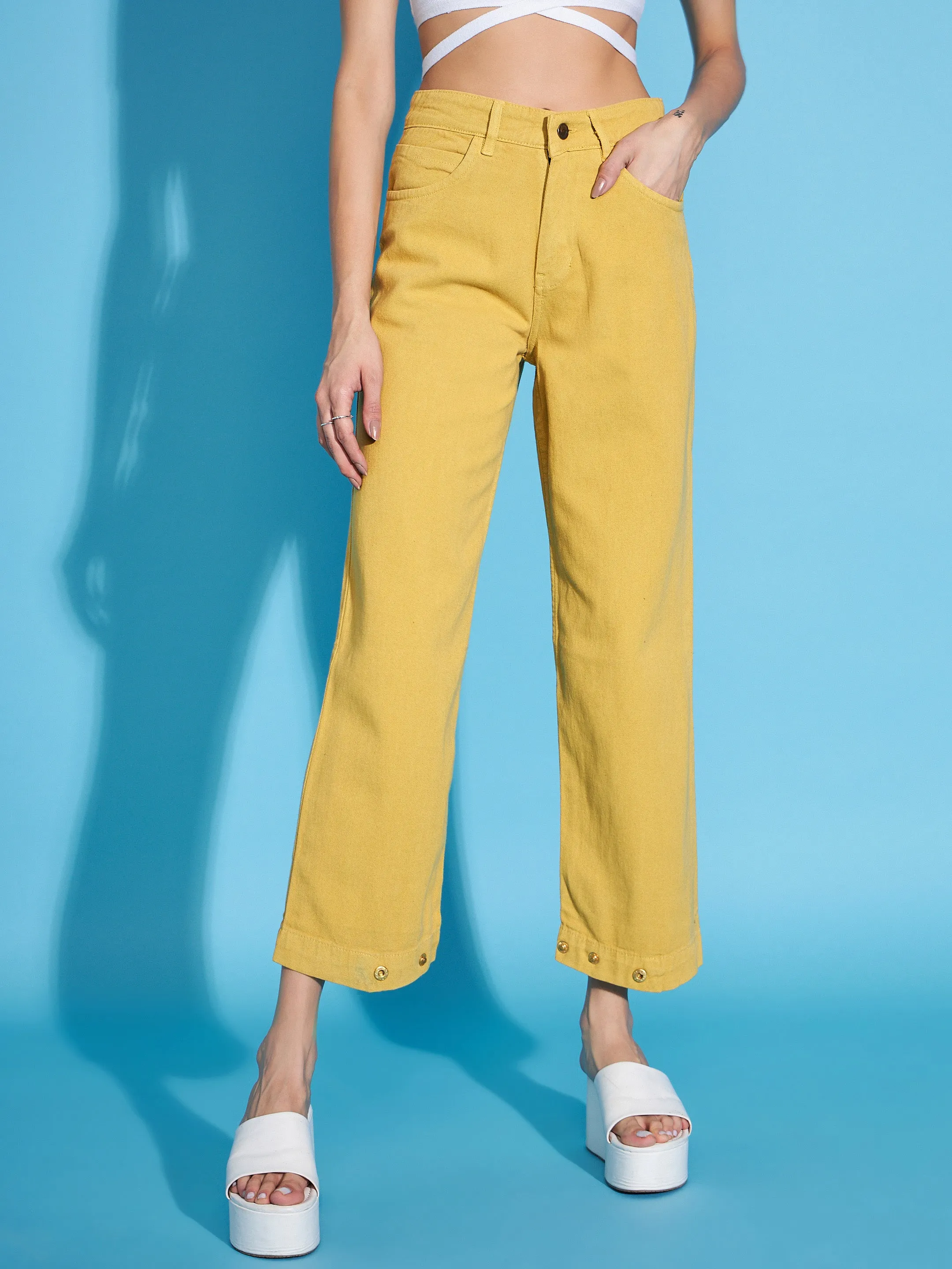 Women Mustard Button-Hem Slouchy Jeans