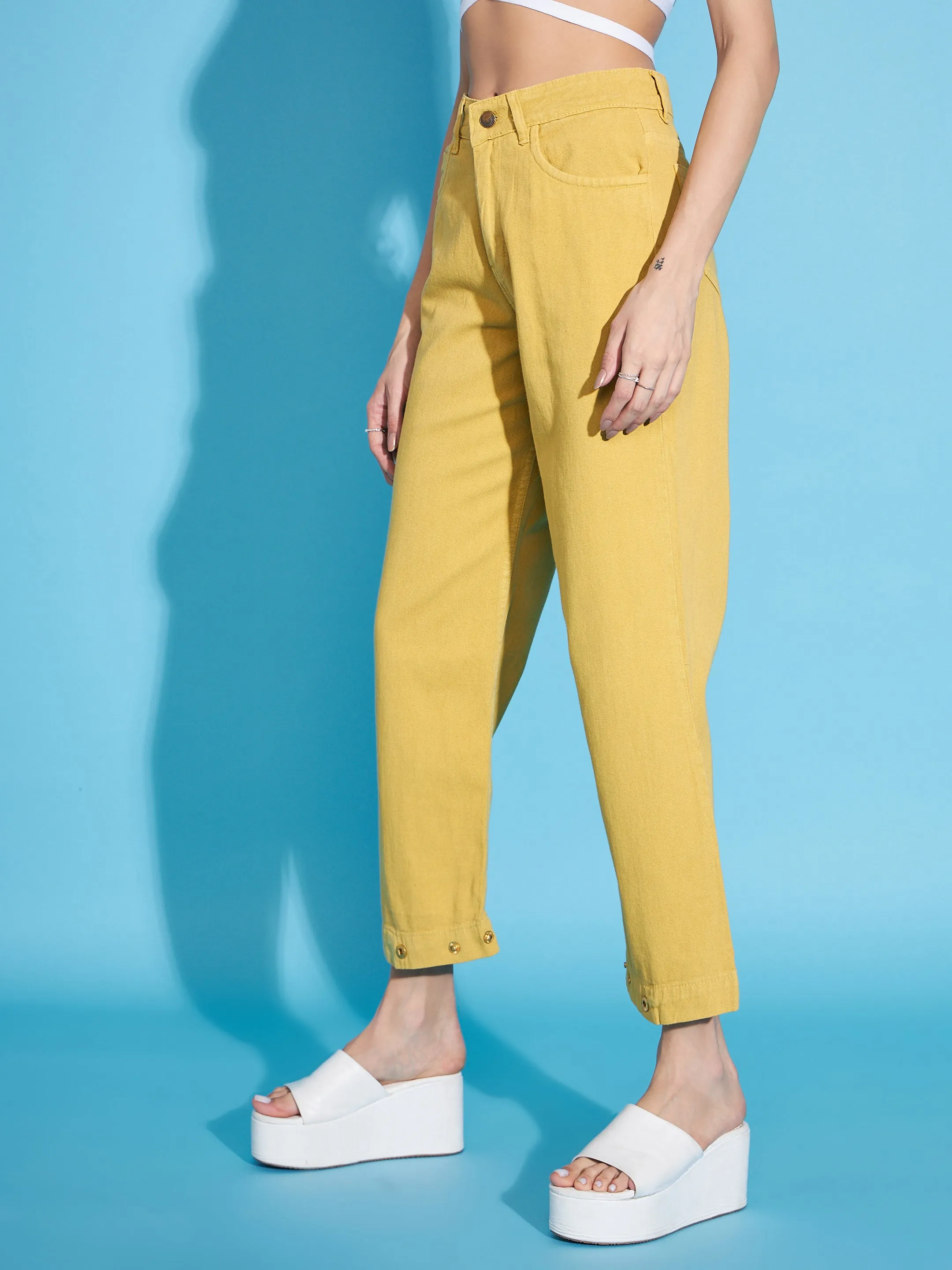 Women Mustard Button-Hem Slouchy Jeans