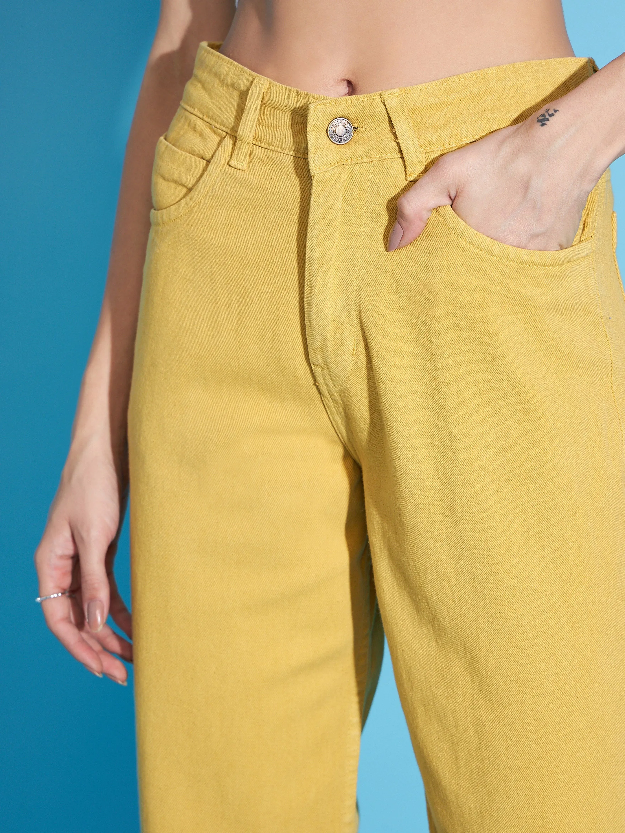 Women Mustard Button-Hem Slouchy Jeans