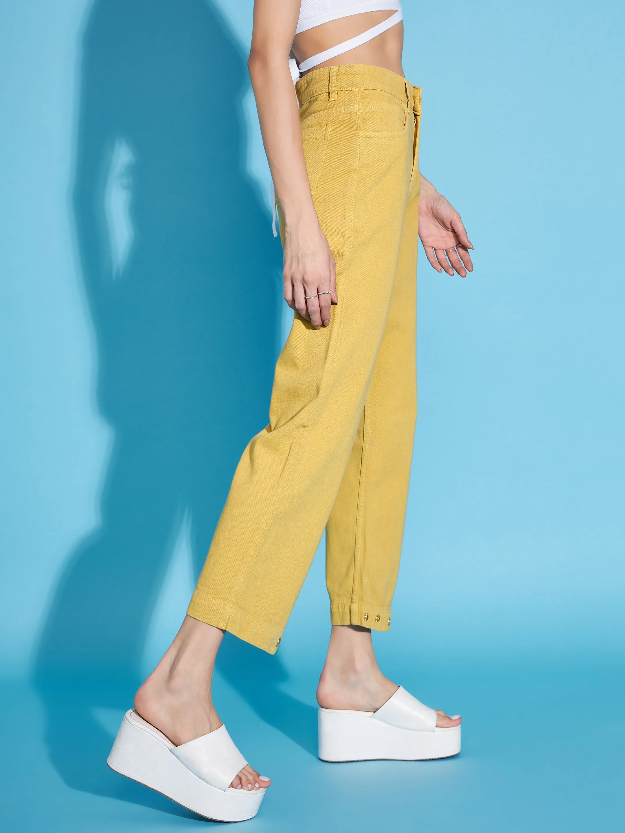 Women Mustard Button-Hem Slouchy Jeans