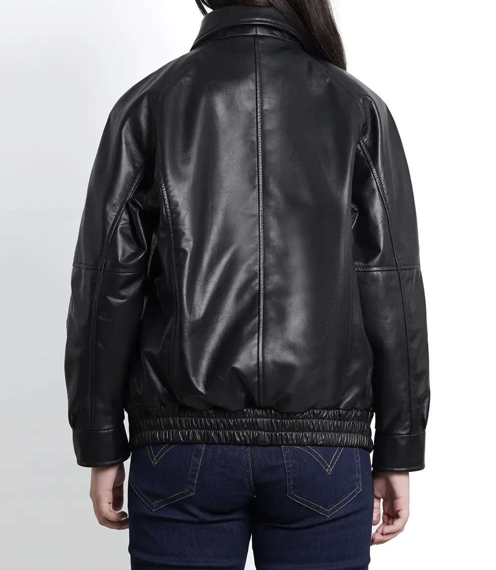 Women's Black Leather Oversized Bomber Jacket​