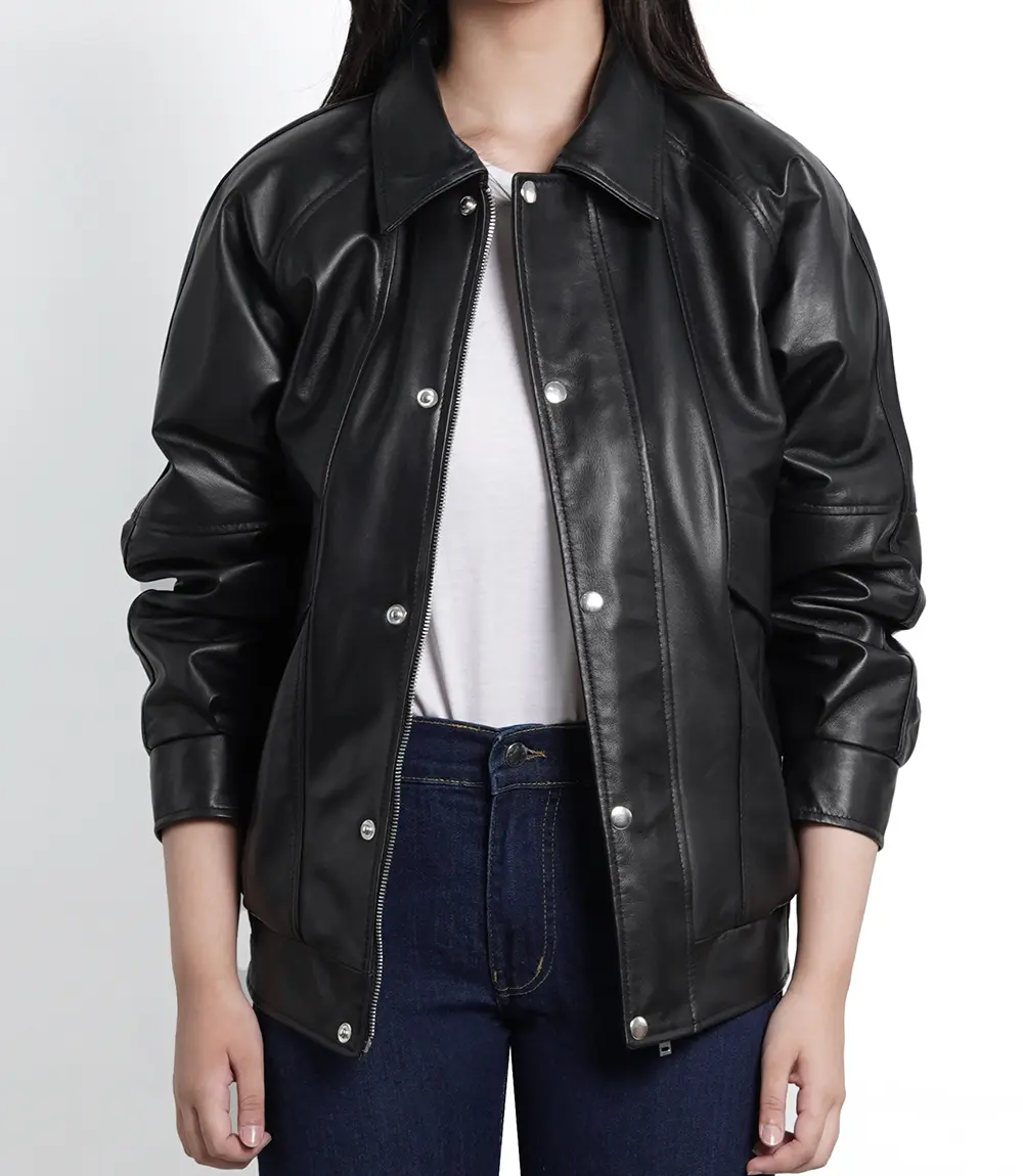 Women's Black Leather Oversized Bomber Jacket​