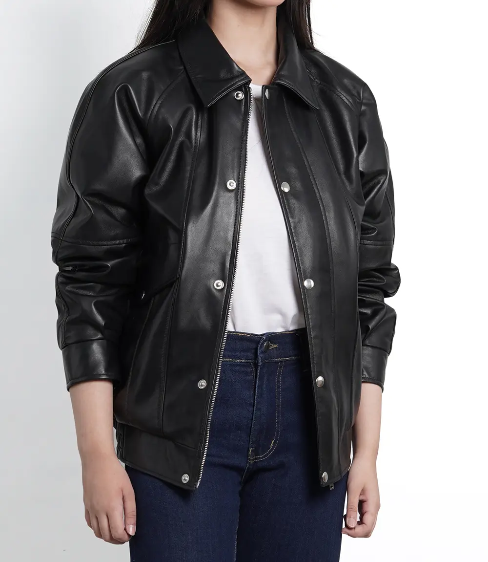 Women's Black Leather Oversized Bomber Jacket​