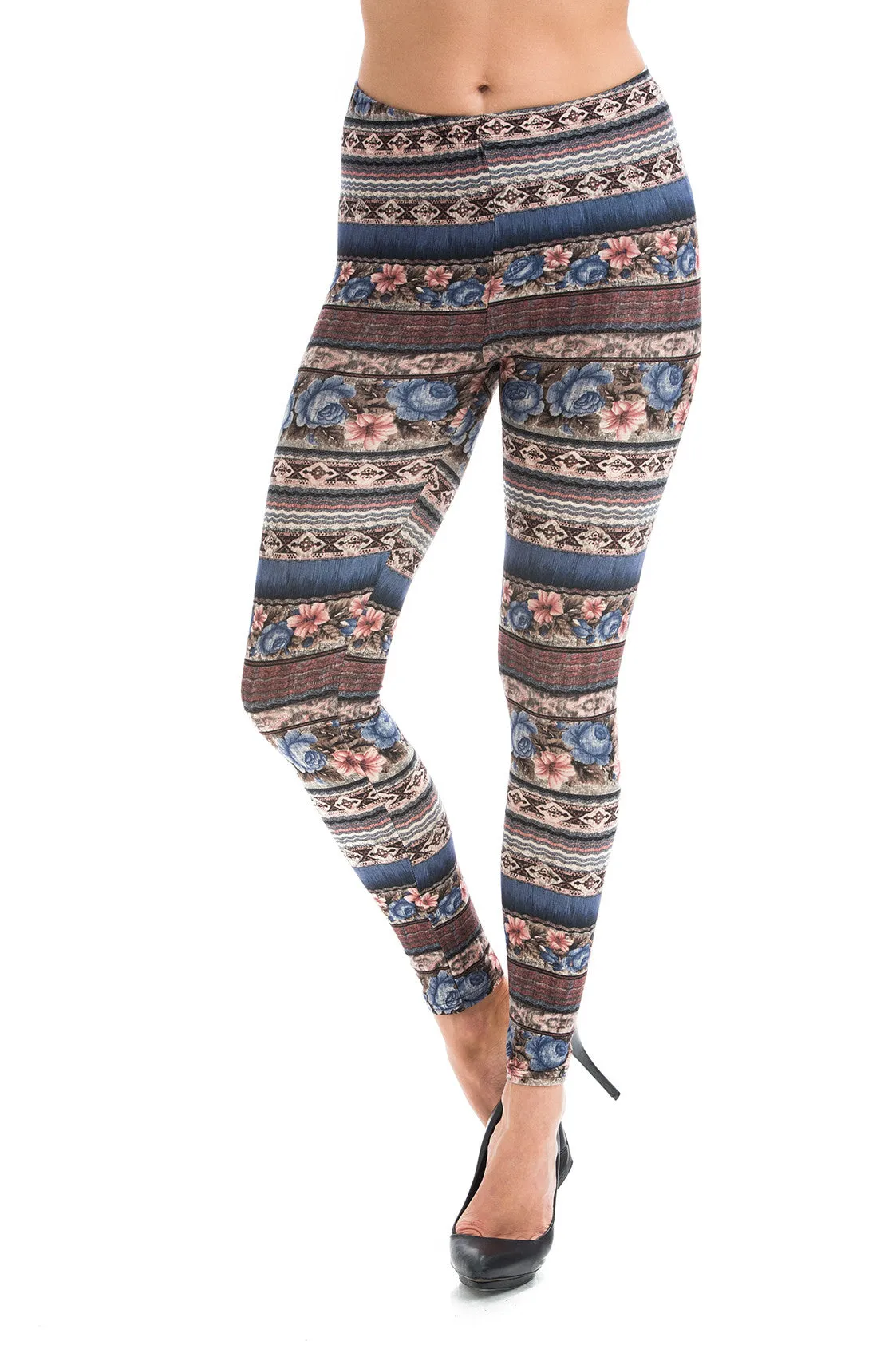 Women's Extra PLUS Beautiful Floral Pattern Print Leggings - Brown Khaki Small