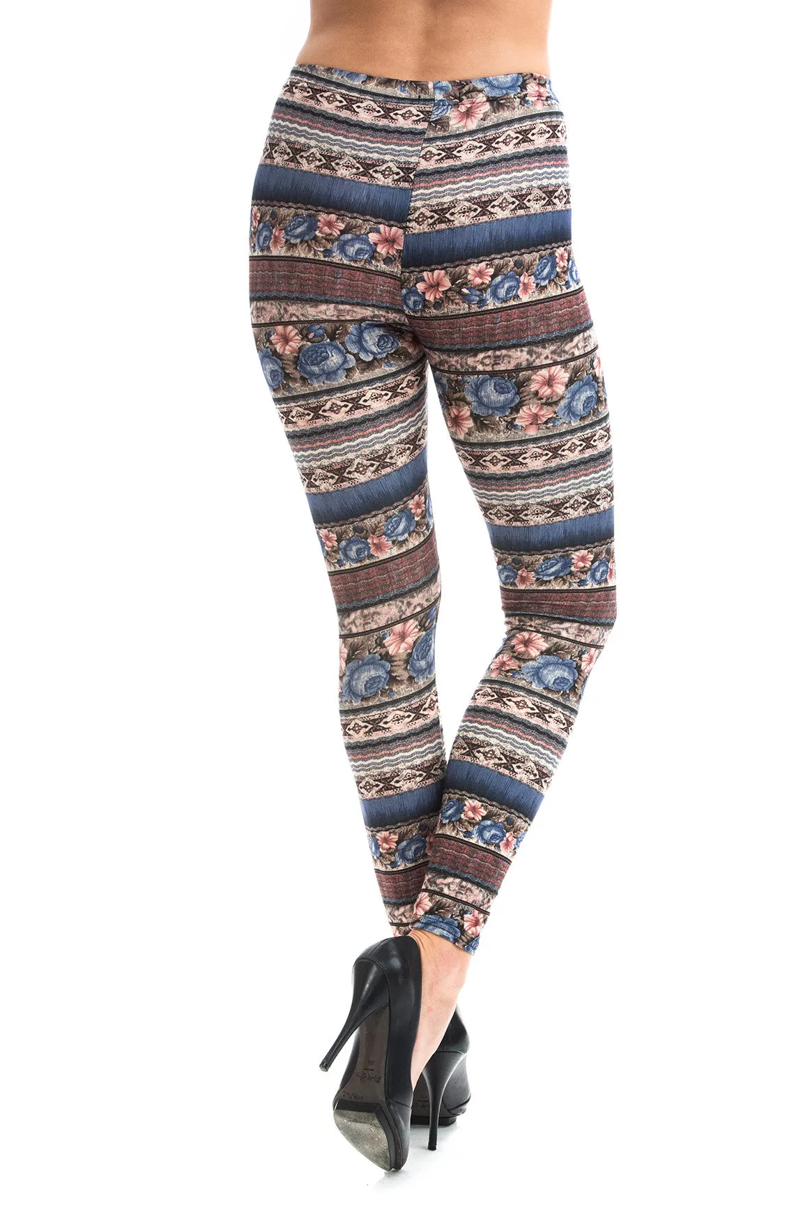 Women's Extra PLUS Beautiful Floral Pattern Print Leggings - Brown Khaki Small