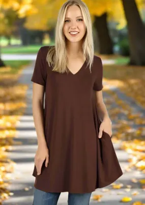 Womens Pocket Dress Short Sleeve Midi Dress Brown Sizes S/M/L