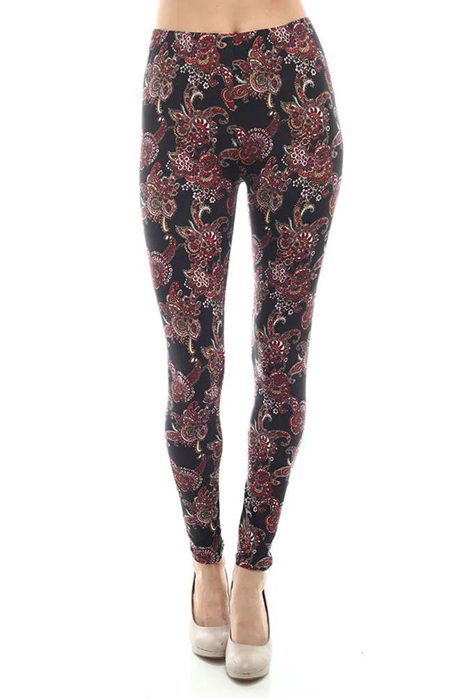 Women's Regular Red Paisley Pattern Print Leggings - Black Red - One Size / Black Red