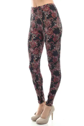 Women's Regular Red Paisley Pattern Print Leggings - Black Red - One Size / Black Red