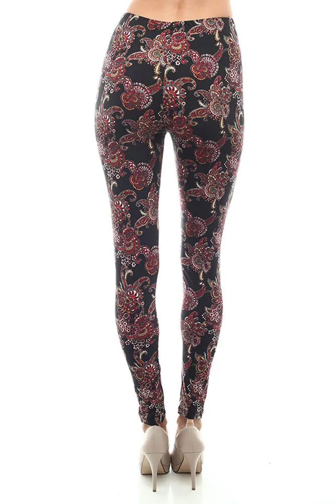 Women's Regular Red Paisley Pattern Print Leggings - Black Red - One Size / Black Red