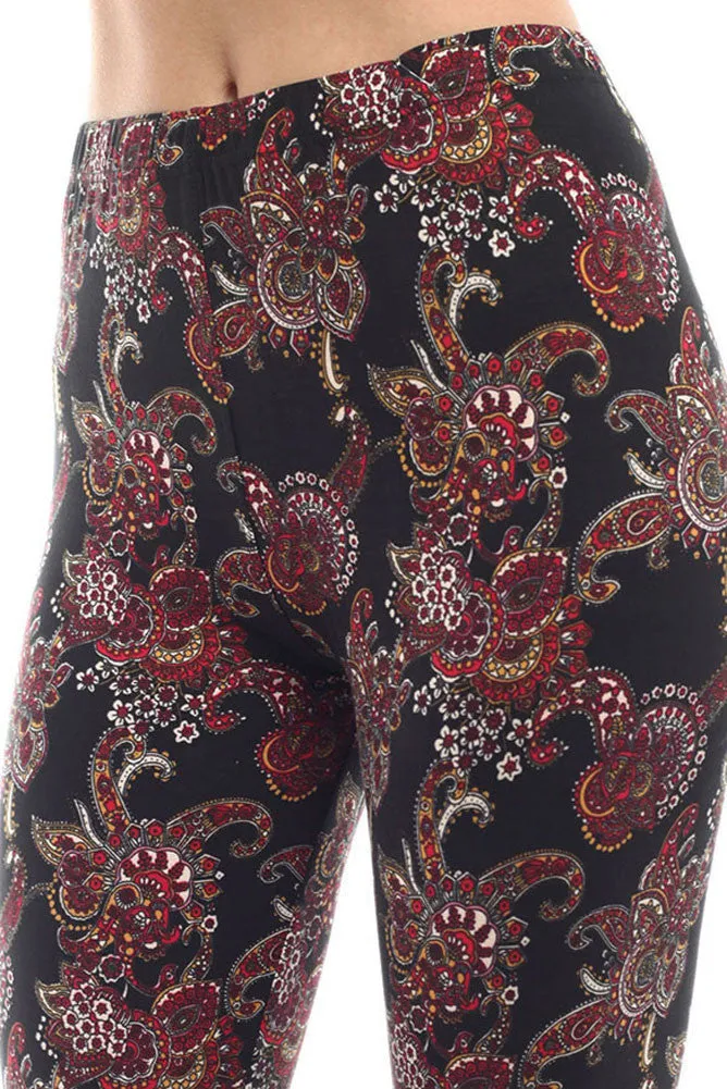 Women's Regular Red Paisley Pattern Print Leggings - Black Red - One Size / Black Red