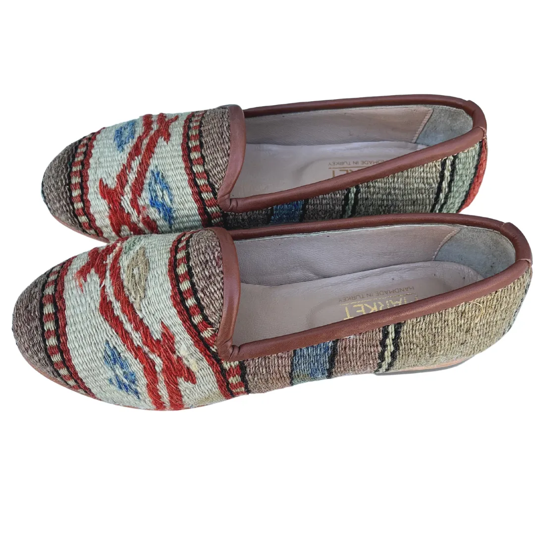 Women's Turkish Kilim Loafer Tan with Dark Orange