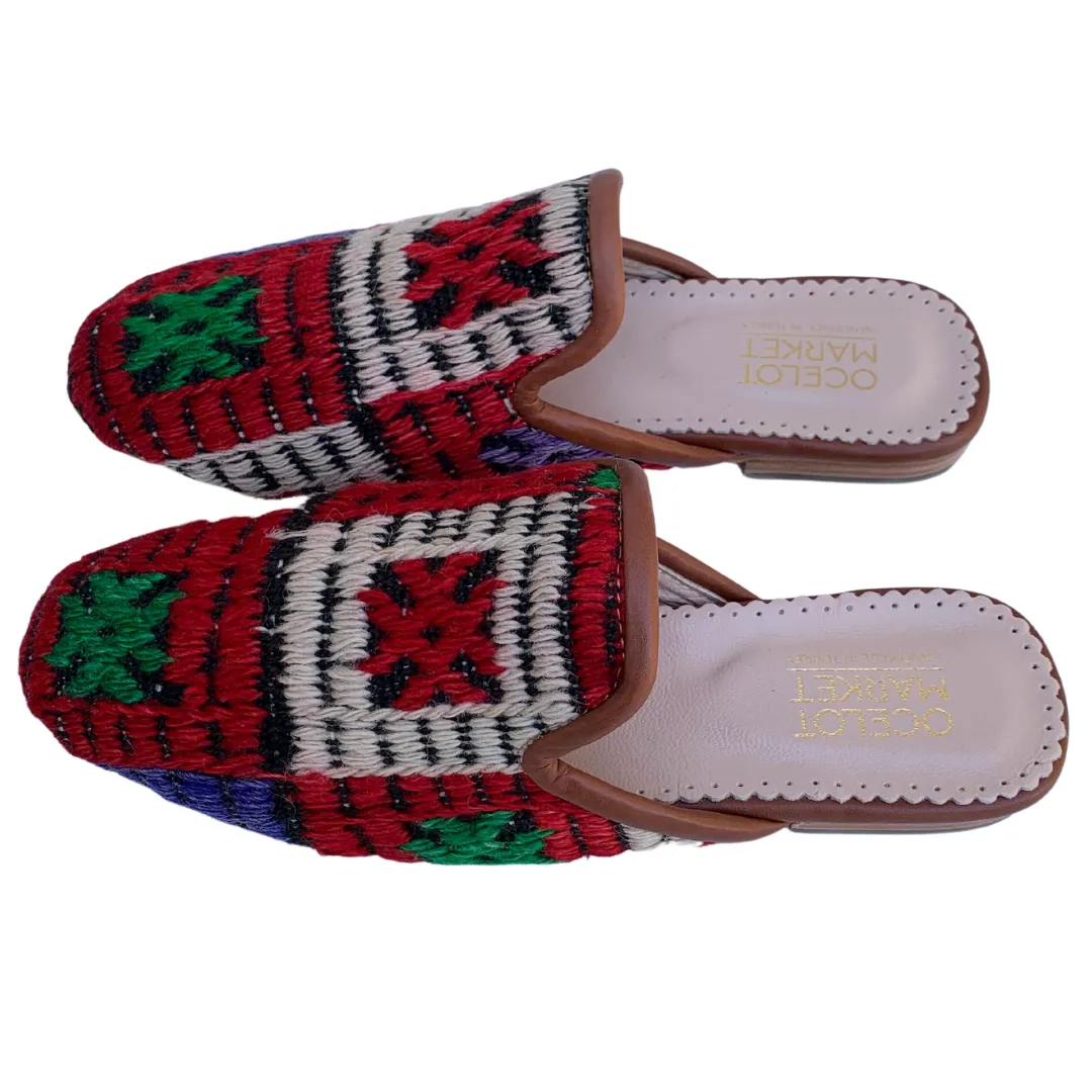 Women's Turkish Kilim Mules | Red, White, & Green